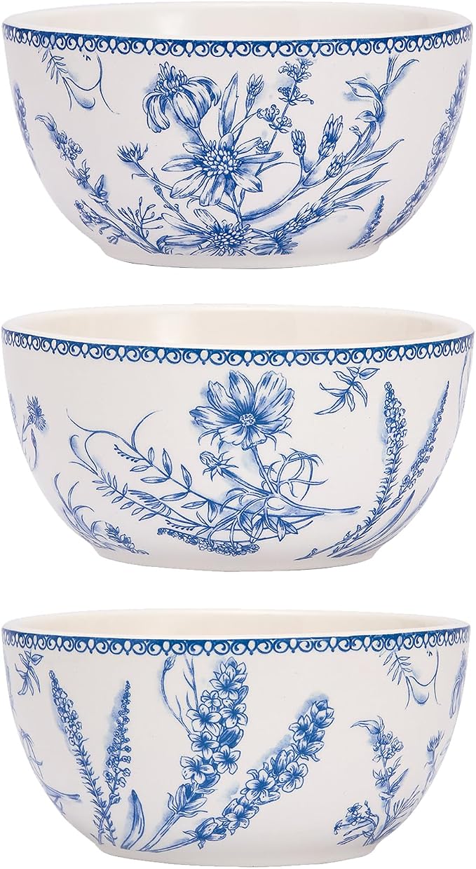 Bico Blue Garden Toile De Jouy Cereal Bowls Set of 4, 26 oz Deep Ceramic Soup - Image 3