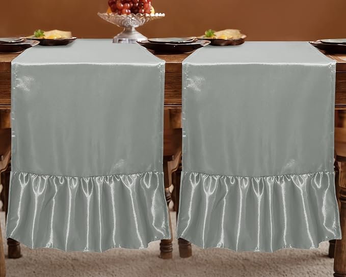 2 Pack Grey Satin Table Runner 12 x 108 Inch | Ruffle Design, Luxurious Dining - Image 3