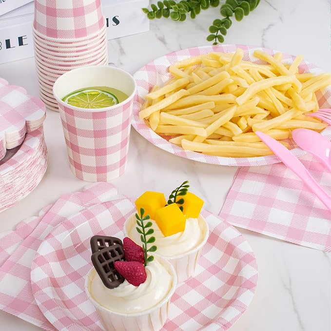 Vyntra 175 Pcs Pink & White Checkered Gingham Paper Plates and Napkins Set - Image 5