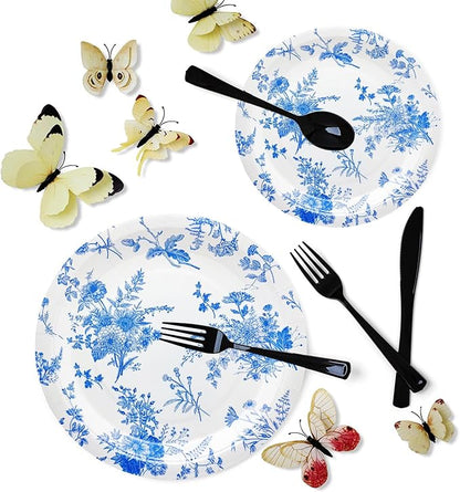 175Pcs Blue Floral Party Supplies Set 9"& 7"Blue White Floral Plates Napkins - Image 2