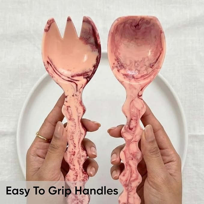 SS Craft Premium Pink Marble Resin Salad Serving Spoon Set 2 Pcs Handcrafted - Image 3