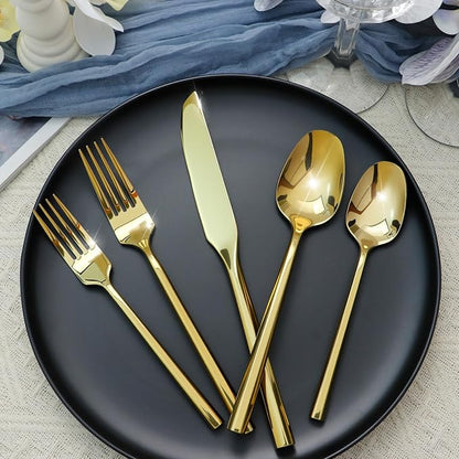 Silverware Set 20-Piece Stainless Steel Mirror Polishing Gold Cutlery, Hand Forged Thick Hexagon Handle Flatware Sets, Service for 4
