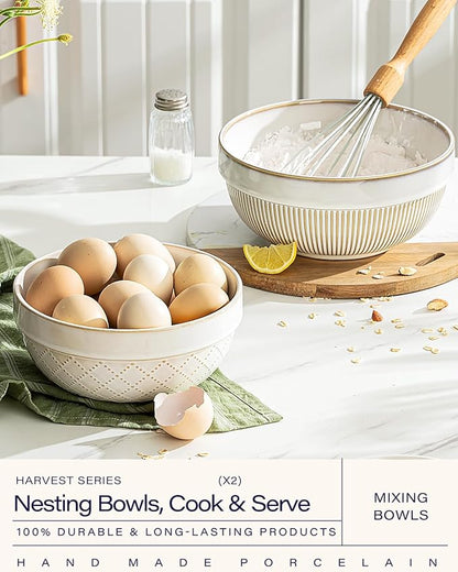 getstar Large Serving Bowls, Ceramic Salad Bowl Set of 4, Microwave and Dishwasher Safe, Farmhouse Kitchen Decorative Nesting Bowls Set (8"+7")