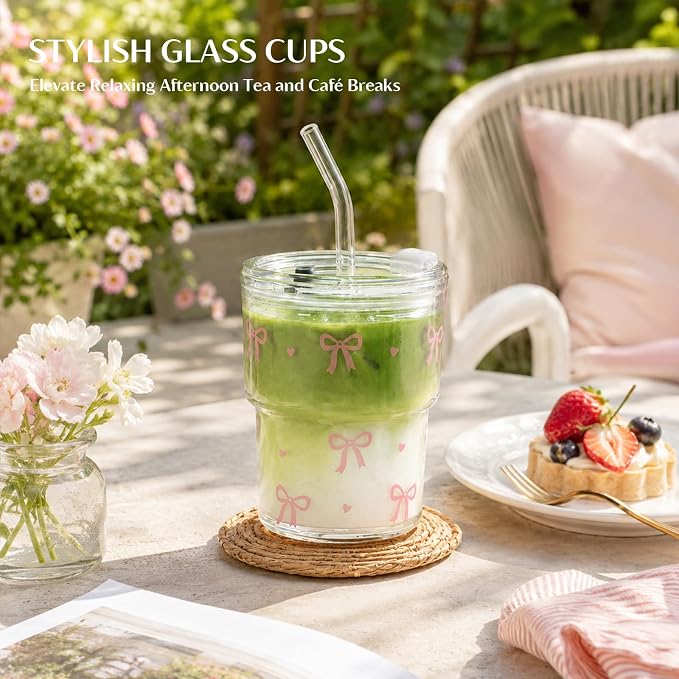 INSETLAN 13 oz Bow Decal Glass Tumblers Set of 2, Thick Wall Glass Cups - Image 2