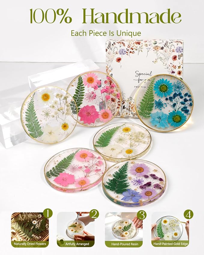 Oqplog Resin Drink Coasters for Desk Coffee Table- Elegant White Floral Dried - Image 7