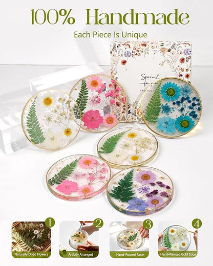 Oqplog Resin Drink Coasters for Desk Coffee Table- Elegant White Floral Dried - Image 7