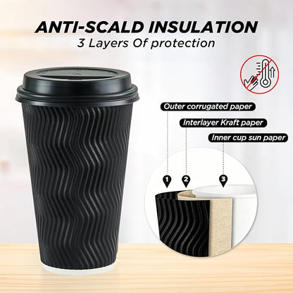 16 oz Coffee Cups with Lids, 50 Pack Black Insulated To Go Disposable Coffee - Image 3