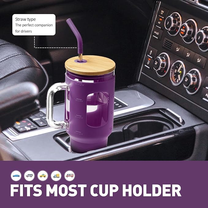 WINSA Glass Tumbler with Straw and Lid, Dark Purple, 40 oz | Iced Coffee Cup - Image 5