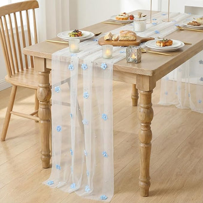 Artoid Mode Blue Flower Pearl White Gauze Table Runner 10FT, Seasonal Sheer - Image 3