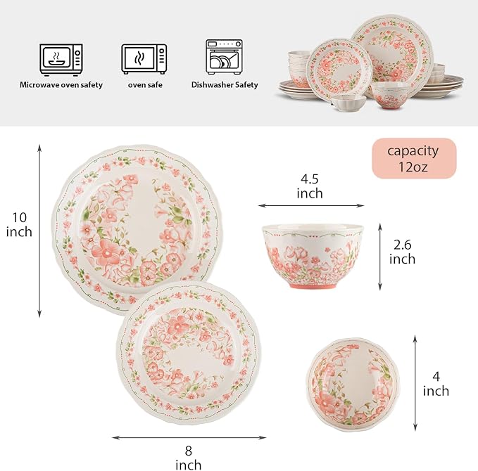 16-Piece Dinnerware Set for 4, Ceramic Plates and Bowls Sets, Microwave & - Image 3