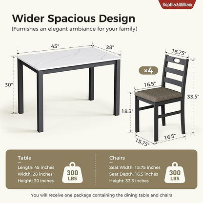 Sophia & William 5 Piece Dining Table Set for 4, Faux Marble Kitchen Table and Chairs Set, Solid Wood Farmhouse Dinner Table Set,Venatino White Marble & Black