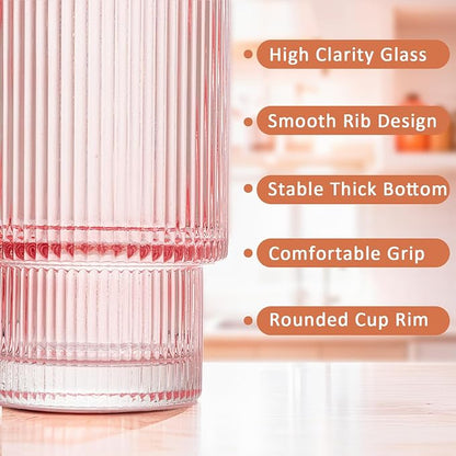 12 oz Ribbed Drinking Glasses Set of 12, Highball Glass Cups Ridged Glass - Image 2