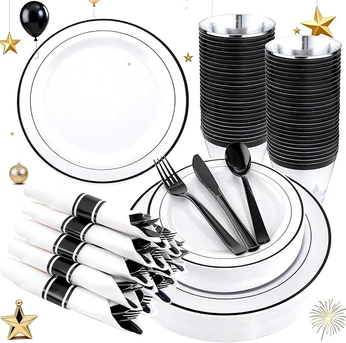 WELLIFE 210Pcs Black Plastic Dinnerware by WELLIFE