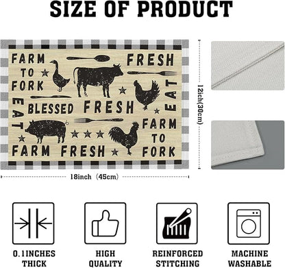 Farm Animal Cow Table Mat Set of 4，Farmhouse Chicken Decor Buffalo Plaid Rectangular Linen Placemats with Non-Slip Kitchen Table Decor 12x18 Inch for Party Kitchen Dining