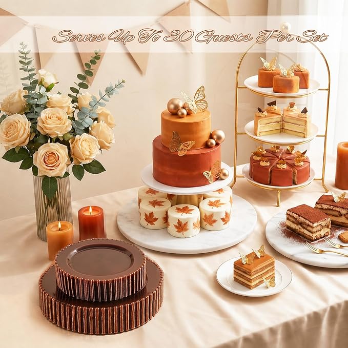 U-QE 60PCS Clear Brown Plastic Plates, Beaded Plates Disposable Heavy Duty | - Image 4