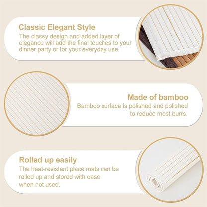 Bamboo Placemats with Fabric Border Set of 4 Natural Bamboo Rectangular Rolling Table Mats for Dining Kitchen Table Heat Resistant Table Protection White