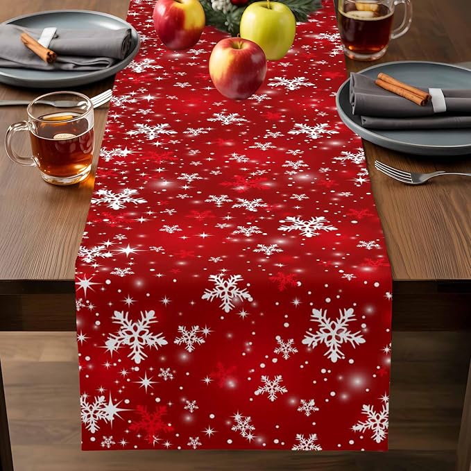 Red Christmas Table Runners 120 Inches Long, Cotton Linen Fabric Snowflake - Image 7