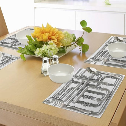 Ambesonne Industrial Place Mats Set of 4, Maze of Pipelines Faucets and Valve Gasoline Engineering Themed Print, Washable Fabric Placemats for Dining Table, Standard Size, Grey White