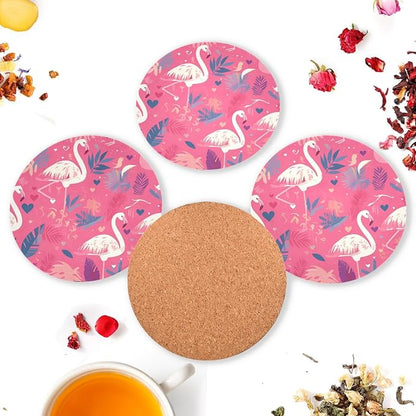 Pink and White Color Flamingo Illustration Round Drink Coaster Set of 4 Heat - Image 6