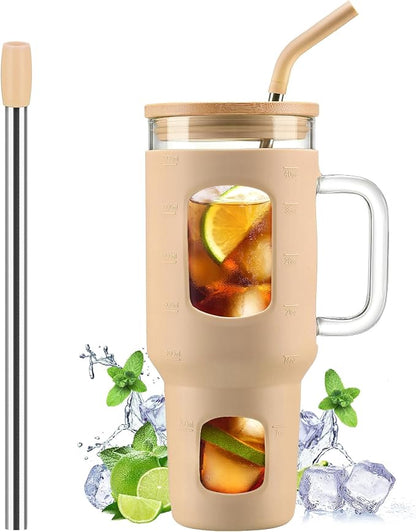 WINSA Glass Tumbler with Straw and Lid, 40 oz, Amber | Iced Coffee Cup with by WINSA