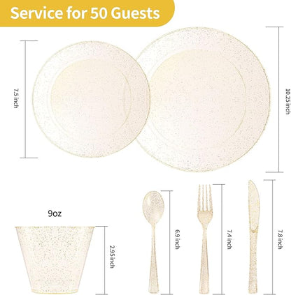 Goodluck 300 Piece Gold Glitter Disposable Plates for 50 Guests, Plastic Plates for Party, Wedding, Dinnerware Set of 50 Dinner Plates, 50 Salad Plates, 50 Spoons, 50 Forks, 50 Knives, 50 Cups