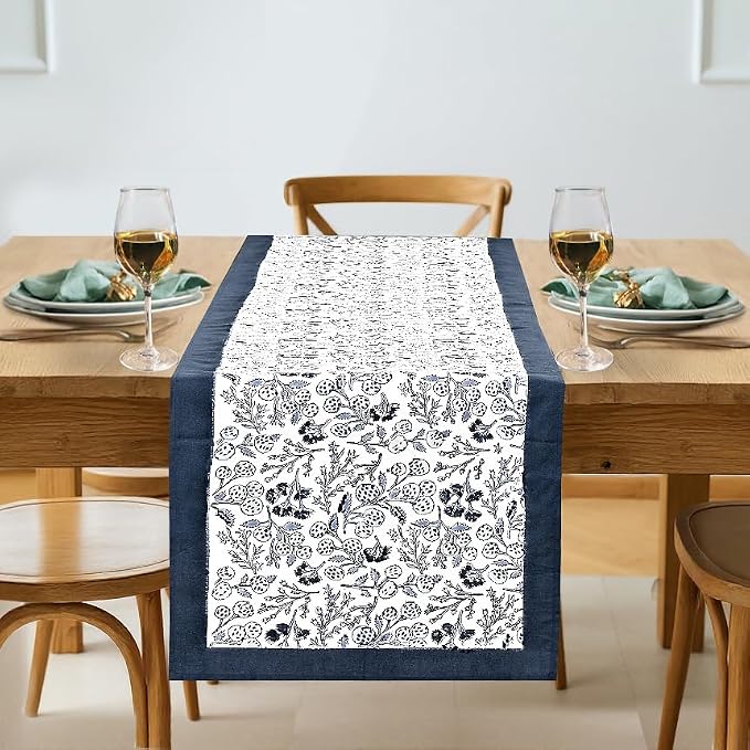 Denim Blue Hand Block Print 100% Cotton Table Runner 16x106 Inch | Perfect by Ridhi