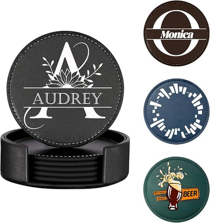 Custom Coasters, Personalized Coasters with Logo/Name/Photo, Set of 6 Leather Coaster with Holder, for Coffee Table, Bar, Beer, Wine Cup Housewarming