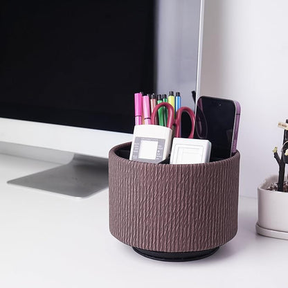 Hennaja Round Leather Art Supply Organizer,Remote Control Holder,360 Degree Spinning,Multi-Functional Pencil Holder,4 Compartments Desktop Stationary Organizer(1-Wood Soil)