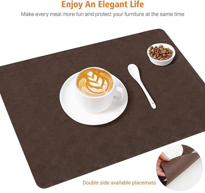 Vinyl Placemats Set of 6 Heat Resistant Easy Clean Non-Slip Place Mats for Dining Table Faux Leather Waterproof Stain Resistant Wipeable Washable PVC Table Mats(6, Brown)