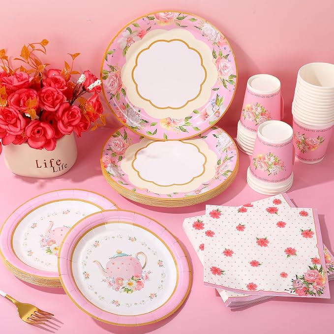 Whaline Pink Tea Party Tableware Supplies Serves 24 Pink Floral Tea Party - Image 3