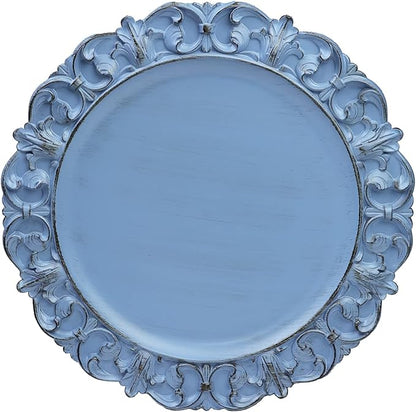 13" Antique Blue Charger Plates, Set of 6 Plastic Textured Chargers for Dinner Plates with Embossed Rim, Table Décor, Party, Wedding, Holiday