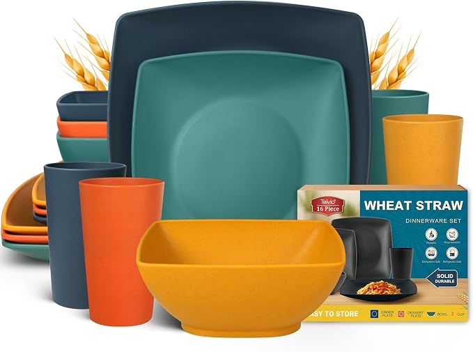 Teivio 16-piece Plastic Wheat Straw Square Dinnerware Set by Teivio