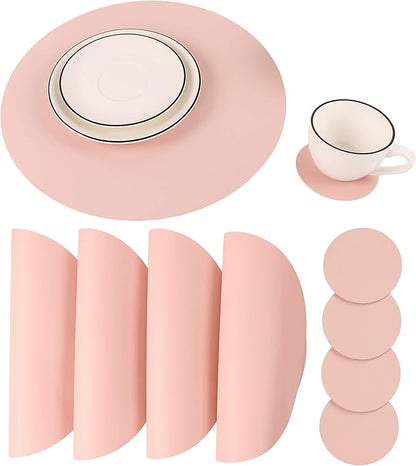 Round Table Placemats and Coasters, Vinyl Faux Leahter Coffee Mats Kitchen Mats, Waterproof, Easy to Wipe Off for Kitchen Dining Round Table