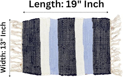 Perilla Home Placemat Set of 4 - Cotton Linen Blend Square Placemats - Farmhouse Rustic Woven Bohemian Machine Washable Table Mats with Tassels for Dining Table Decor (Dark Blue Sky Blue & White)