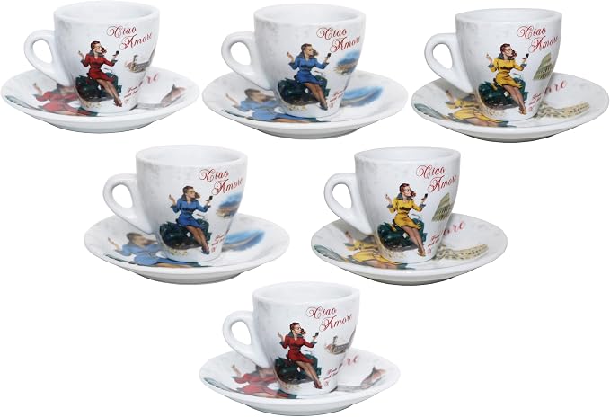 Lorren Home Porcelain Espresso Cups and Saucers, Vespa Scene Design, 3 Oz by LorrenHomeTrends