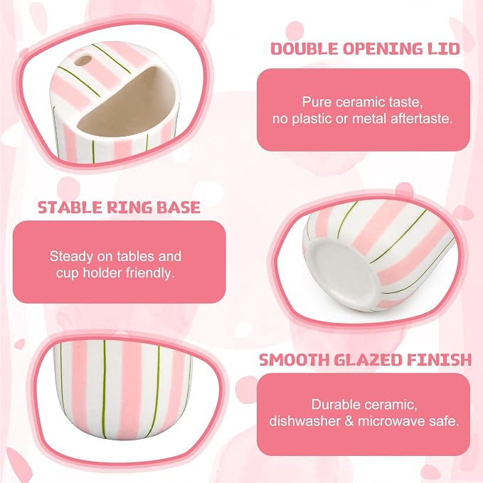 Ceramic Mug with Sip Hole 10 oz Pink Green Striped Ceramic Coffee Mug Hand - Image 3