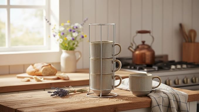 HASENSE Coffee Mug Ceramic Set of 4 - 15 oz Rustic Farmhouse Stackable Ribbed - Image 4