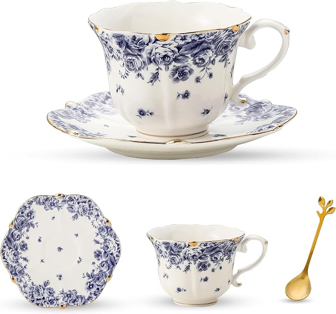 TATSUMI Country Roses Bone China Tea Cup and Saucer Set, 3 Pieces, Vintage Style by TATSUMI