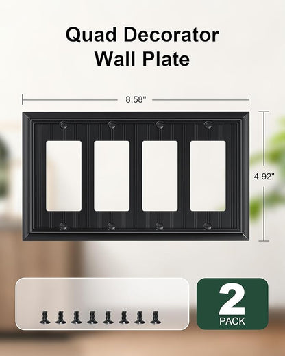2-Pack Classic Beadboard Quad Decorator Wall Switch Cover, Black Decorative Switch Plates and Outlet Covers, Natural Bamboo Fiber 4 Gang Wall Plate for Electrical Outlets, Receptacle, GFCI Outlet