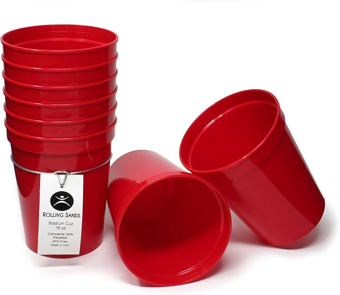 Rolling Sands 16 oz. Reusable Plastic Stadium Cups, 8 Pack, Made in USA by RollingSands