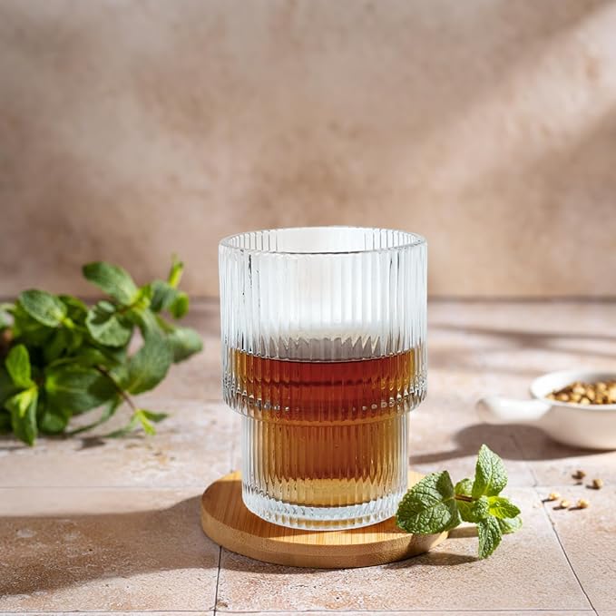 XKXKKE 7 oz Ribbed Drinking Glasses Set of 6, Highball Glasses Ridged Glass - Image 2