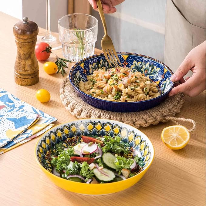 Henten Home 32 oz Porcelain Pasta Bowls Set, Salad Bowl Set of 6, Ceramic Dinner Serving Bowls for Soup, Cereal, Fruit, Bohemia Style, Microwave & Dishwasher Safe
