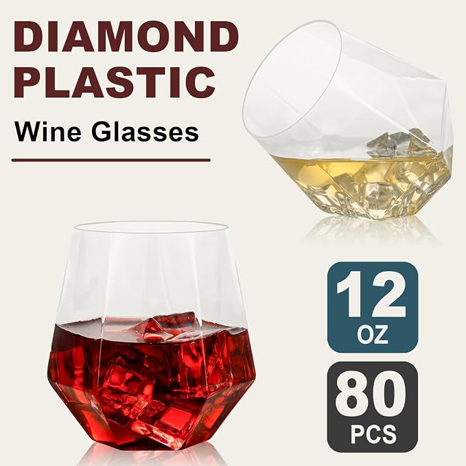 Goodluck 80 PCS 12oz Diamond Stemless Clear Plastic Wine Whiskey Glasses | - Image 2