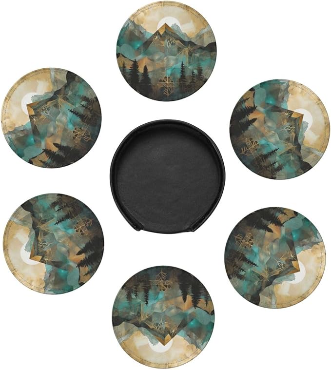 Mountains Trees Landscape Sunrise Leather Coasters Set of 6 - Image 7