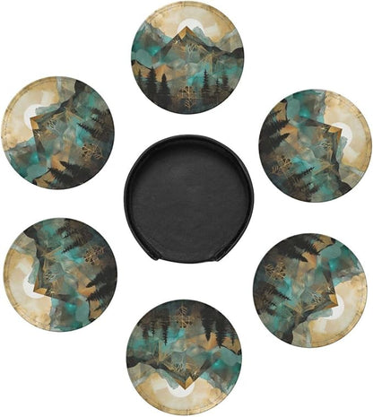 Mountains Trees Landscape Sunrise Leather Coasters Set of 6 - Image 7