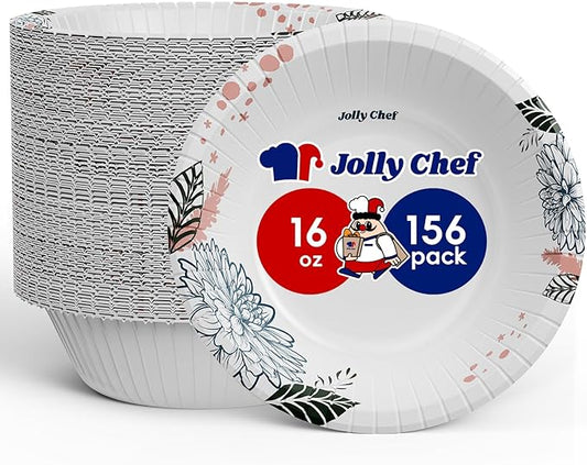 JOLLY CHEF 16 OZ Disposable Paper Bowls with Floral Print 156 Count Heavy-duty Bowls Bulk Perfect for Parties,Picnics,and Everyday Use