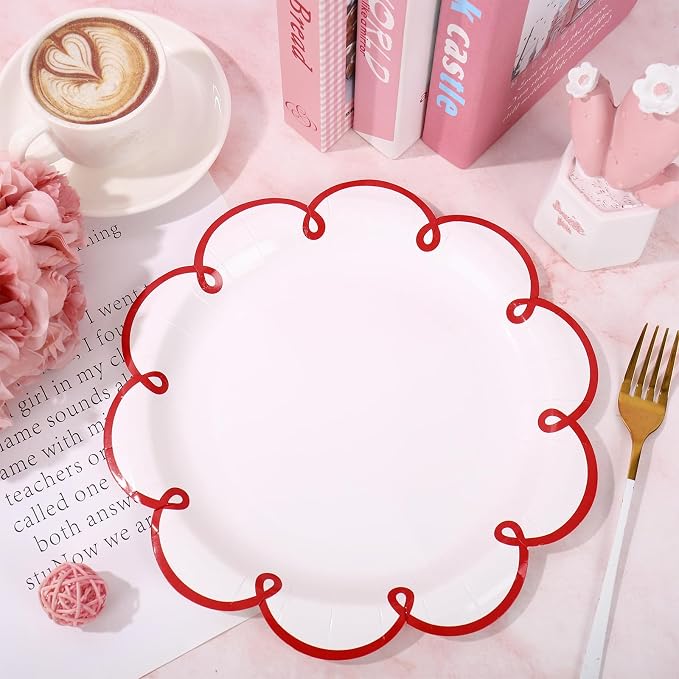 JarThenaAMCS 50 Pcs Red Edge Paper Plates Scalloped Disposable Plate Decorative - Image 4