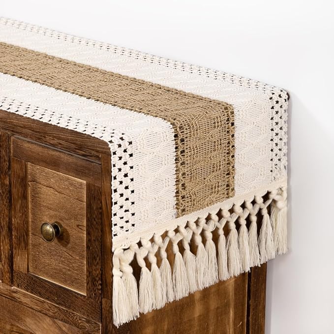DeZerlor Ivory& Burlap Boho Macrame Farmhouse Woven Table Runner 108Inch | - Image 5