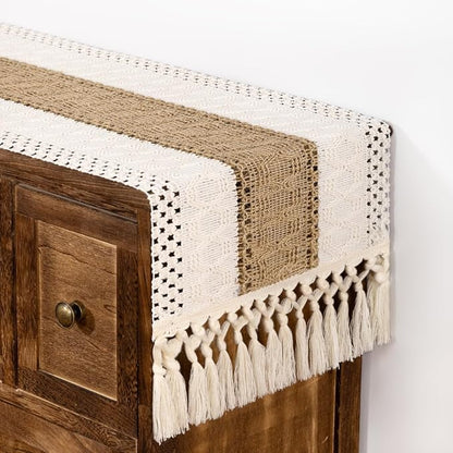 DeZerlor Ivory& Burlap Boho Macrame Farmhouse Woven Table Runner 108Inch | - Image 5