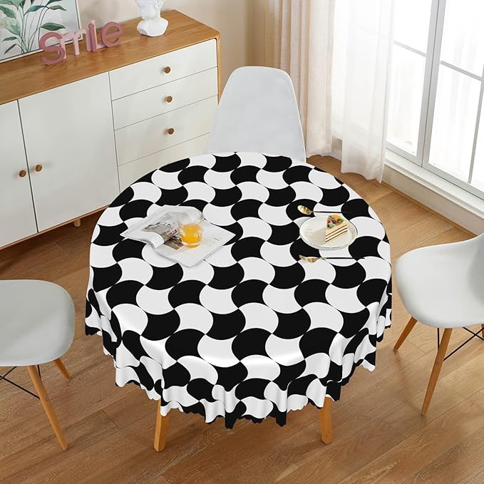 Laeacco 48 Inch Geometric Round Tablecloth Black and White Abstract Pattern Modern Art Print Table Cloth Washable Waterproof Wrinkle Free Table Cover for Kitchen Dining Picnic Party Decoration